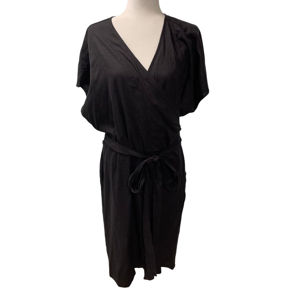 American Standard Black Wrap Dress Linen Blend M Lagenlook Minimalist Whimsygoth